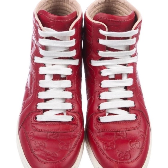 Gucci Red Hibiscus Signature High-top Sneaker Flats sz 8 - Picture 2 of 10
